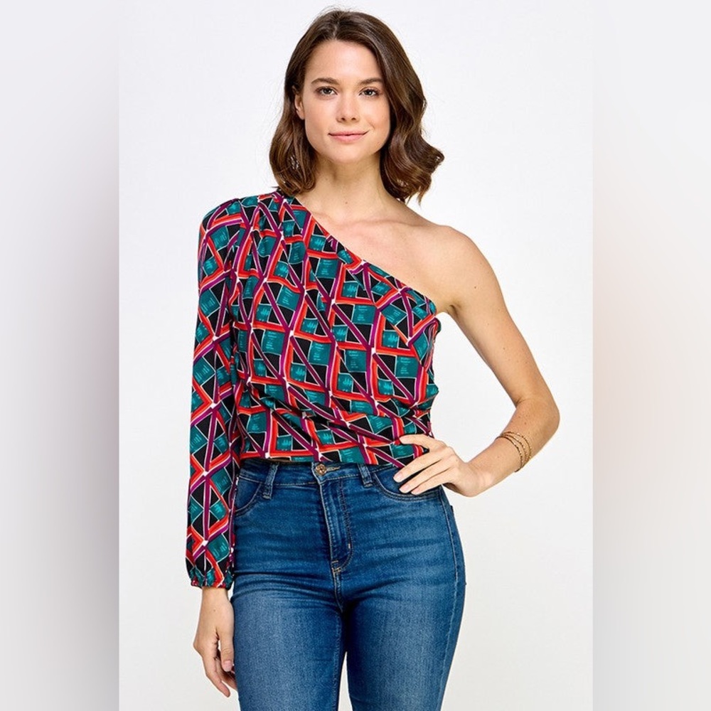 One-Shoulder Geometric Print Top in Teal & Black